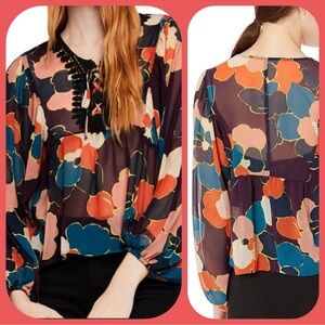 NEW BCBGeneration bishop sleeve multicolored top lace embroidery tie closure